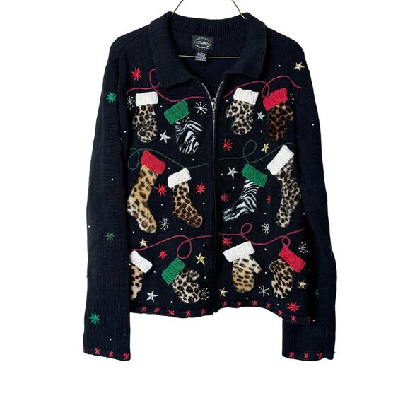 Designers Studio‎ VINTAGE animal fur mitten christmas holiday cardigan MEDIUM - Picture 1 of 8